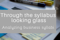 Various Post-it notes of different colors Through the syllabus looking glass. Analyzing business syllabi